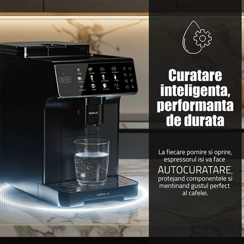 Espressor automat Samus Sublime 19, Rasnita profesionala- 300 g, 19 bari, Putere 1200-1400 W, Rezervor apa 2 L, Sistem extractie lapte cu furtun 25 cm, 10 tipuri de bauturi, Multiple tipuri de reglaje
