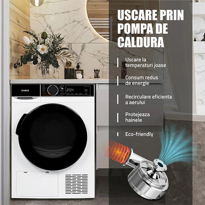 Uscator de rufe Samus SADP-835, Pompa de caldura, 8 kg, 15 programe, Clasa D, Igienizare UV (Alb)