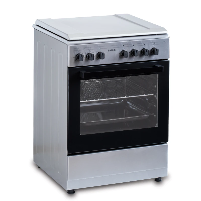Aragaz SAMUS SM662AENS1, Gaz+Electric, 4 arzatoare, Wok, Cuptor electric 56 l, 7 functii, Clasa A (Inox)