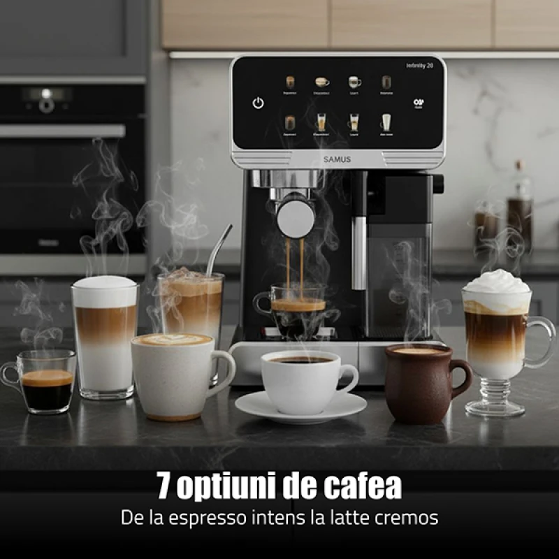 Espressor Automat Samus INFINITY 20, 1350 W, 20 Bari, Rezervor apa 1800 ml, Rezervor lapte 500 ml, 7 Optiuni de cafea, Duza spumare lapte si tavita de colectare detasabile, Negru/Inox