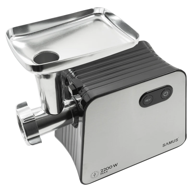Masina de tocat carne Samus SMT2200X, 2200 W, Cutit din inox, 1 viteza + revers, 3 site din otel, Accesoriu rosii, Accesoriu pentru carnati, Negru/Inox