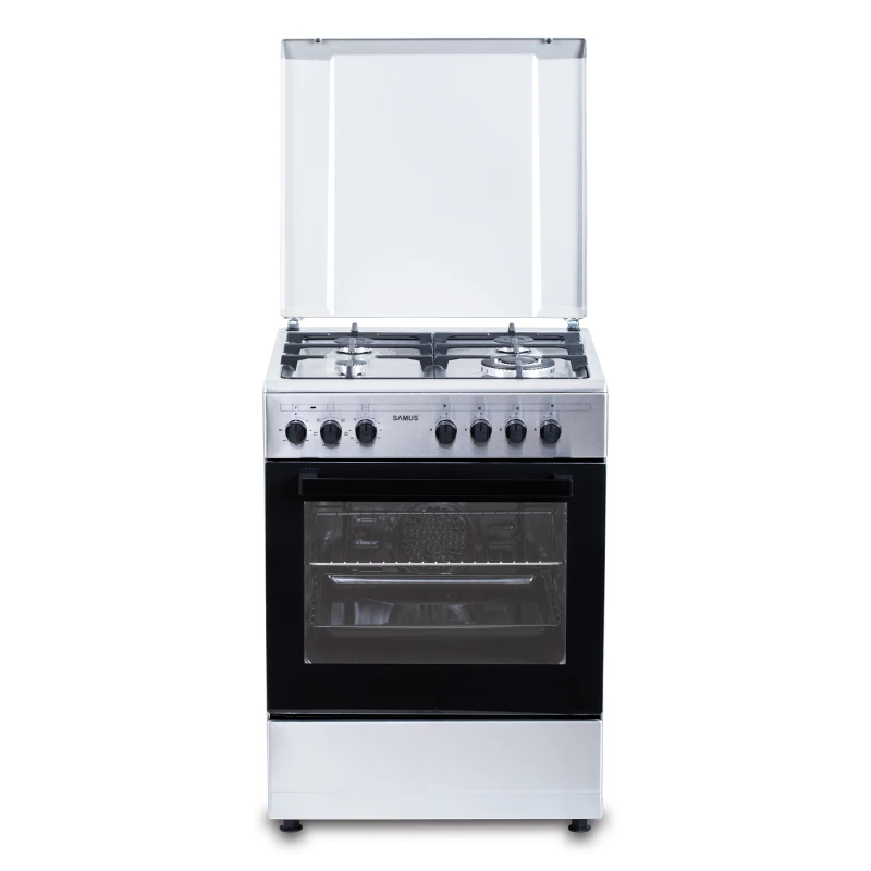 Aragaz SAMUS SM662AENS1, Gaz+Electric, 4 arzatoare, Wok, Cuptor electric 56 l, 7 functii, Clasa A (Inox)
