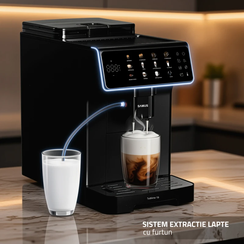 Espressor automat Samus Sublime 19, Rasnita profesionala- 300 g, 19 bari, Putere 1200-1400 W, Rezervor apa 2 L, Sistem extractie lapte cu furtun 25 cm, 10 tipuri de bauturi, Multiple tipuri de reglaje