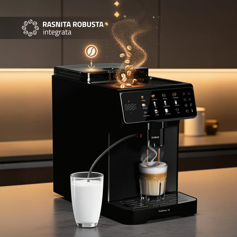 Espressor automat Samus Sublime 19, Rasnita profesionala- 300 g, 19 bari, Putere 1200-1400 W, Rezervor apa 2 L, Sistem extractie lapte cu furtun 25 cm, 10 tipuri de bauturi, Multiple tipuri de reglaje