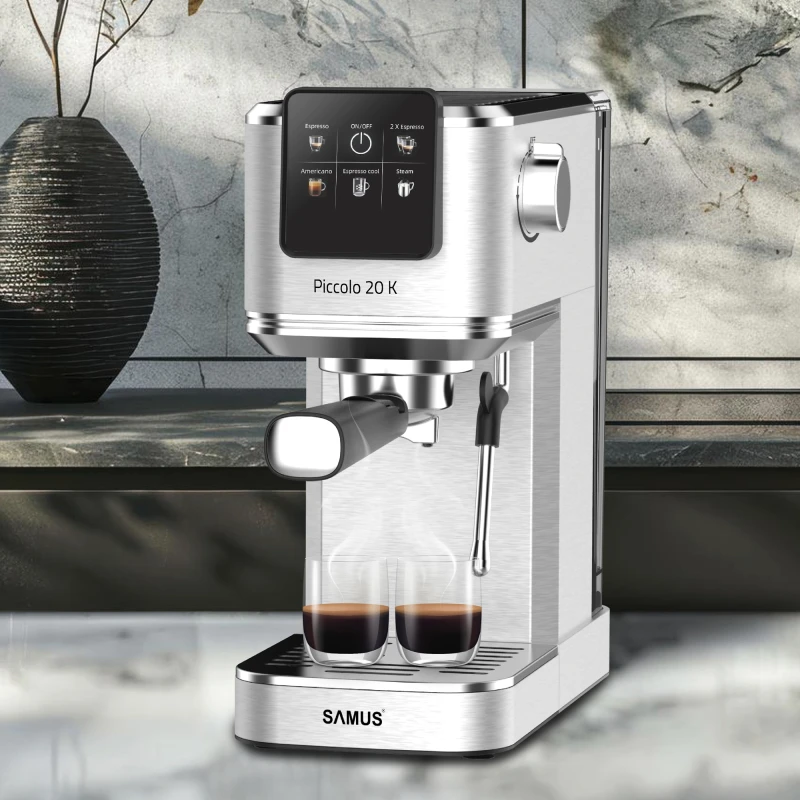 Espressor manual Samus PICCOLO 20 K, 1350 W, 20 bari, Rezervor 1.2 l, 5 bauturi, Utilizare cafea macinata sau capsule (Inox)