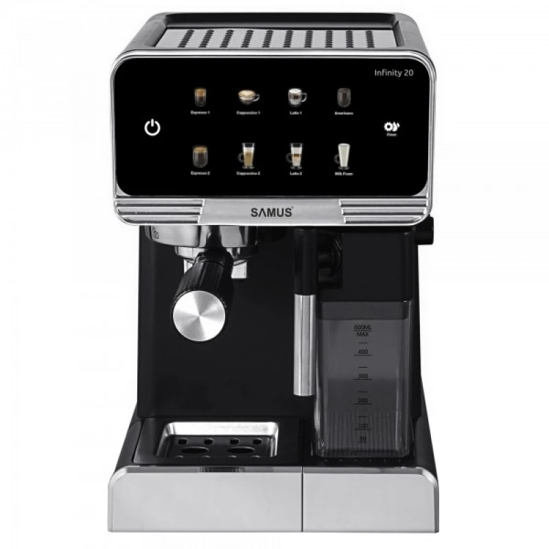 Espressor Automat Samus INFINITY 20, 1350 W, 20 Bari, Rezervor apa 1800 ml, Rezervor lapte 500 ml, 7 Optiuni de cafea, Duza spumare lapte si tavita de colectare detasabile, Negru/Inox