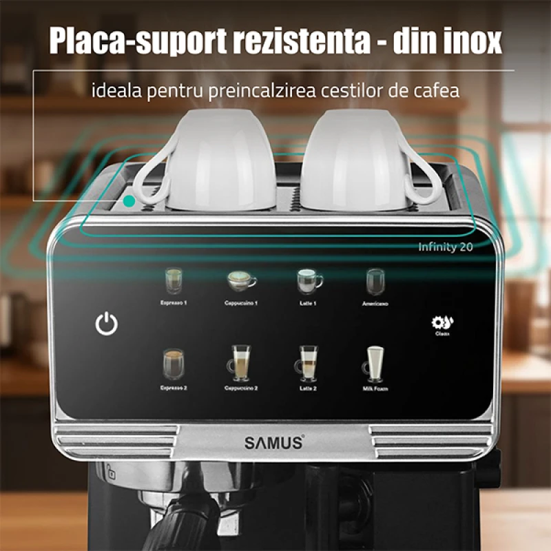 Espressor Automat Samus INFINITY 20, 1350 W, 20 Bari, Rezervor apa 1800 ml, Rezervor lapte 500 ml, 7 Optiuni de cafea, Duza spumare lapte si tavita de colectare detasabile, Negru/Inox