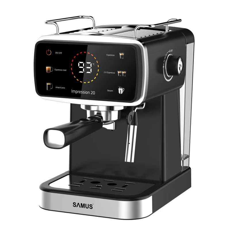 Espressor Samus Impression 20, 20 bari, 5 optiuni cafea, Touch Control, rezervor apa 1.5l, 1350W, Ecran afisare temperatura apa, Sistem electronic de incalzire, Negru