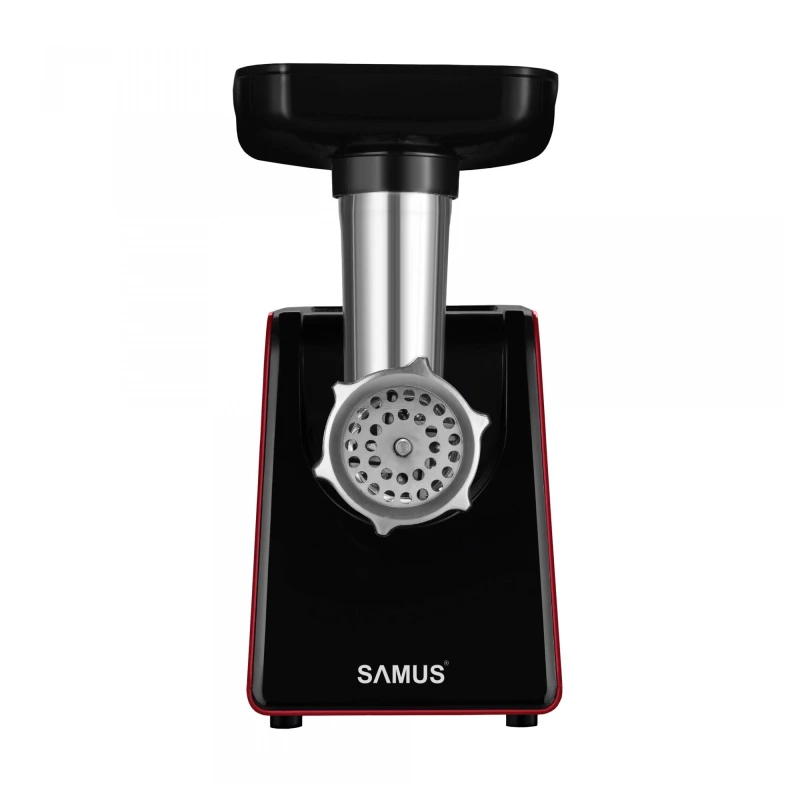 Masina de tocat carne Samus SMT1210RED, 1200 W, cutit din inox, 3 site metalice, accesoriu pentru rosii, accesoriu pentru carnati, culoare rosie