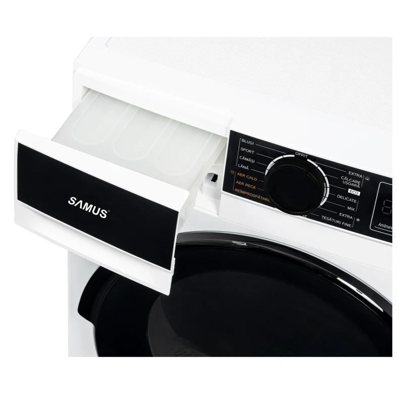 Uscator de rufe Samus SADP-835, Pompa de caldura, 8 kg, 15 programe, Clasa D, Igienizare UV (Alb)