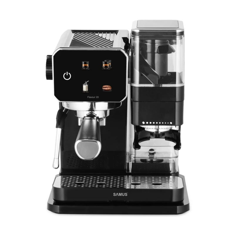 Espressor manual Samus Flavour 20, 1350 W, 20 bari, Rasnita integrata 115g, Rezervor 0.9 l, Spumare de inalta presiune (Negru/Inox)