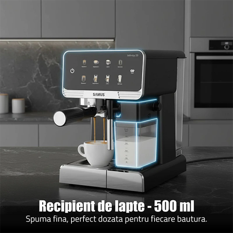 Espressor Automat Samus INFINITY 20, 1350 W, 20 Bari, Rezervor apa 1800 ml, Rezervor lapte 500 ml, 7 Optiuni de cafea, Duza spumare lapte si tavita de colectare detasabile, Negru/Inox