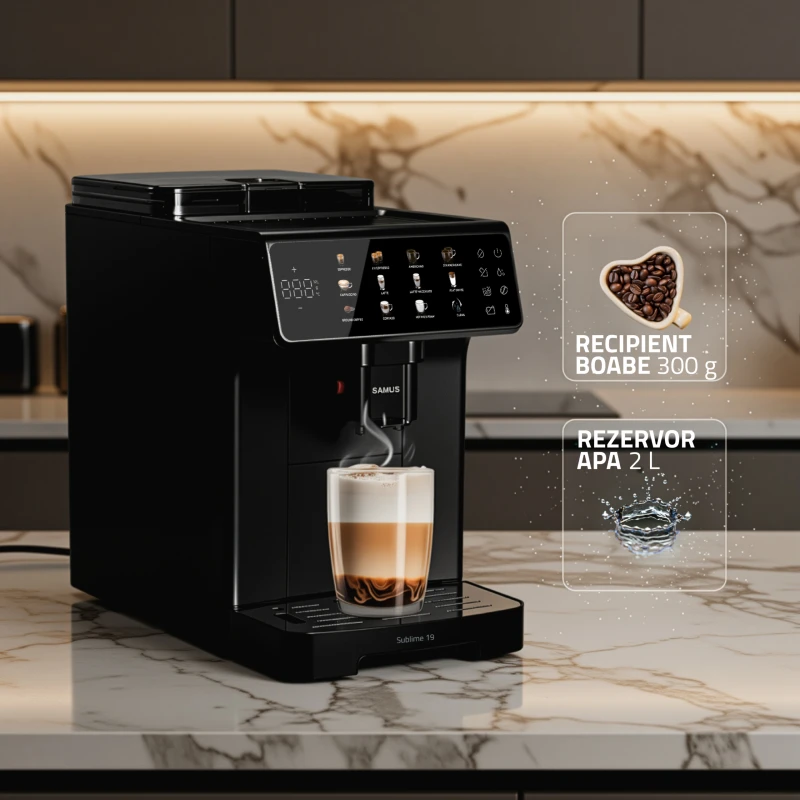 Espressor automat Samus Sublime 19, Rasnita profesionala- 300 g, 19 bari, Putere 1200-1400 W, Rezervor apa 2 L, Sistem extractie lapte cu furtun 25 cm, 10 tipuri de bauturi, Multiple tipuri de reglaje