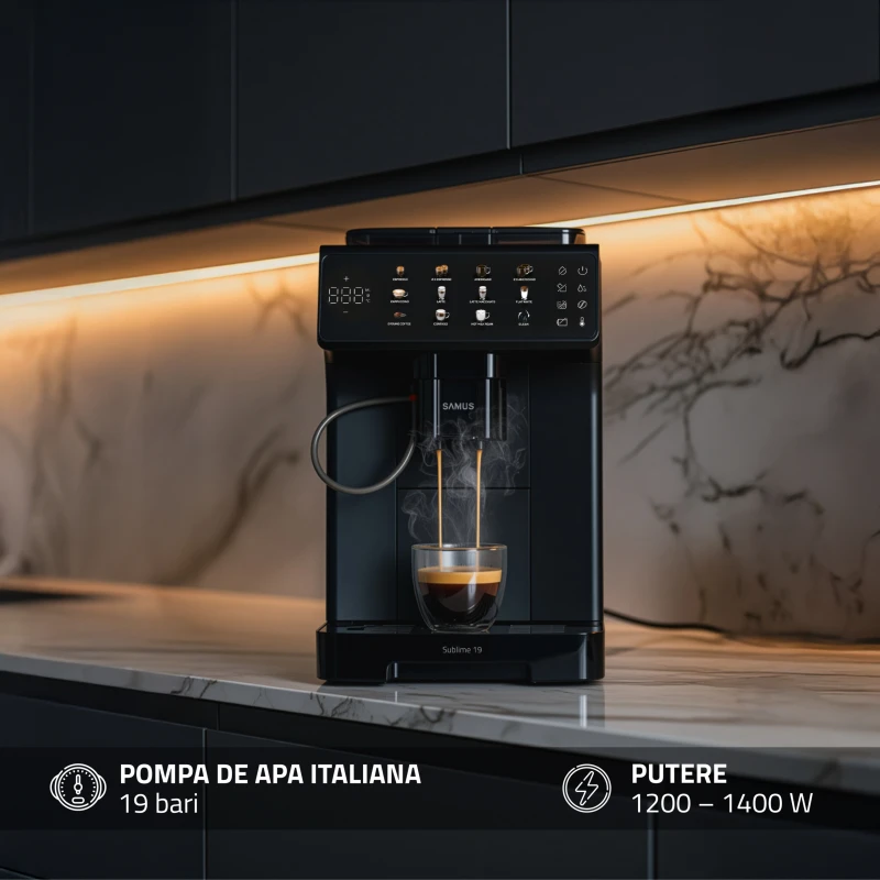 Espressor automat Samus Sublime 19, Rasnita profesionala- 300 g, 19 bari, Putere 1200-1400 W, Rezervor apa 2 L, Sistem extractie lapte cu furtun 25 cm, 10 tipuri de bauturi, Multiple tipuri de reglaje