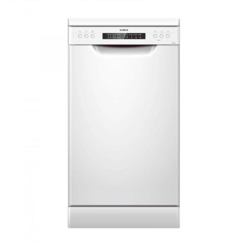 Masina de spalat vase Samus SDW46.6, 9 seturi, clasa E, 6 programe, latime 44.8 cm, optiune incarcare pe jumatate, control electronic cu leduri, pornire intarziata, blocare acces copii, alb