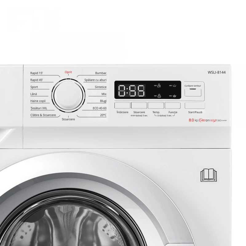 Masina de spalat rufe Samus WSLI-8144,8 Kg, Motor Inverter, Slim, 15 Programe, 1400 rotatii, Clasa energetica A, Termostat reglabil, Program ECO 40-60°C, Blocare acces copii