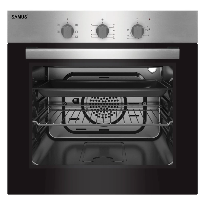 Cuptor incorporabil Samus SC616GTXV, Electric, 62 L, 5 functii, Timer, Ventilatie tangentiala de racire, Clasa A, Geam Low-E, Butoane ergonomice, Maner metalic, Negru/Inox
