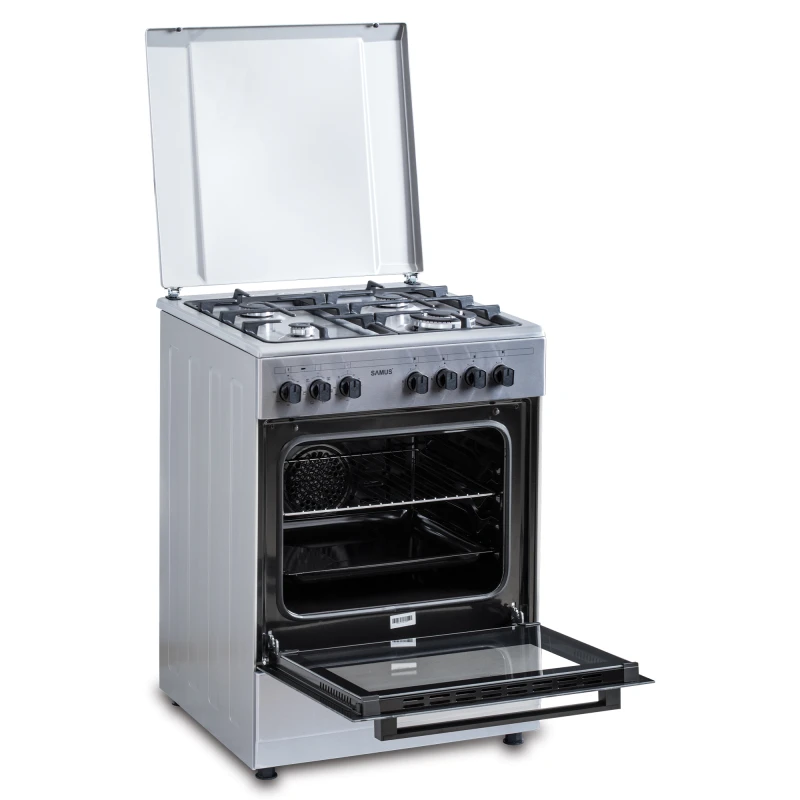 Aragaz SAMUS SM662AENS1, Gaz+Electric, 4 arzatoare, Wok, Cuptor electric 56 l, 7 functii, Clasa A (Inox)