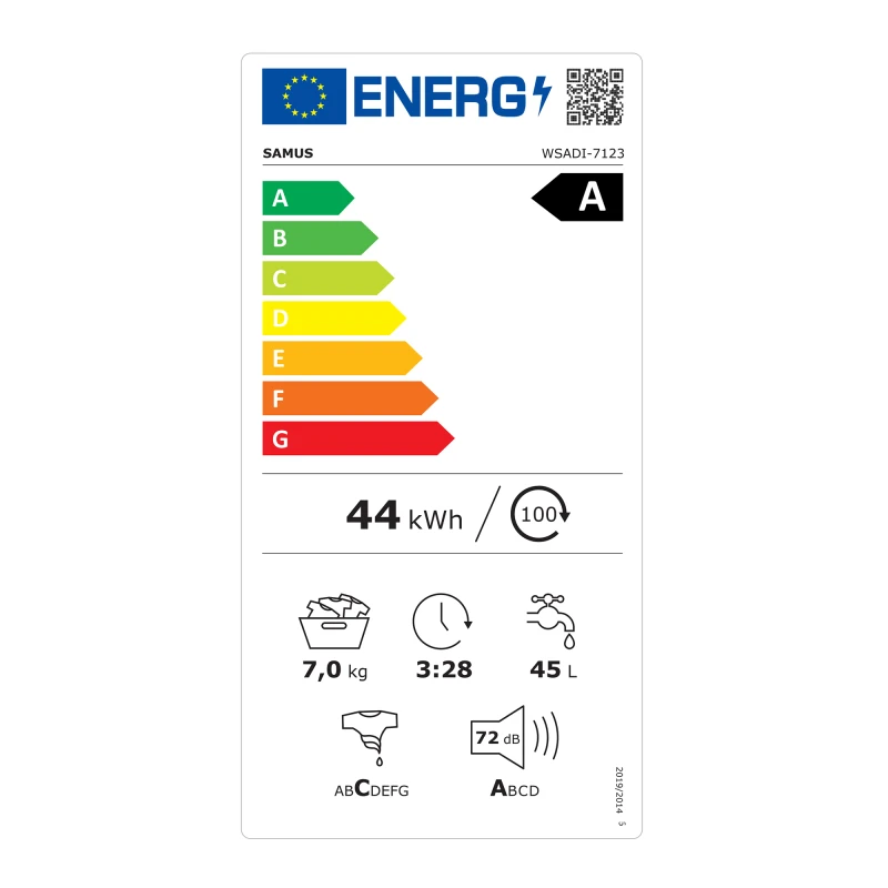 Masina de spalat rufe Samus WSADI-7123, 7 kg, 1200 rpm, Clasa A, 15 programe, Motor inverter, Functie eliminare par de animale, Termostat reglabil (Alb)