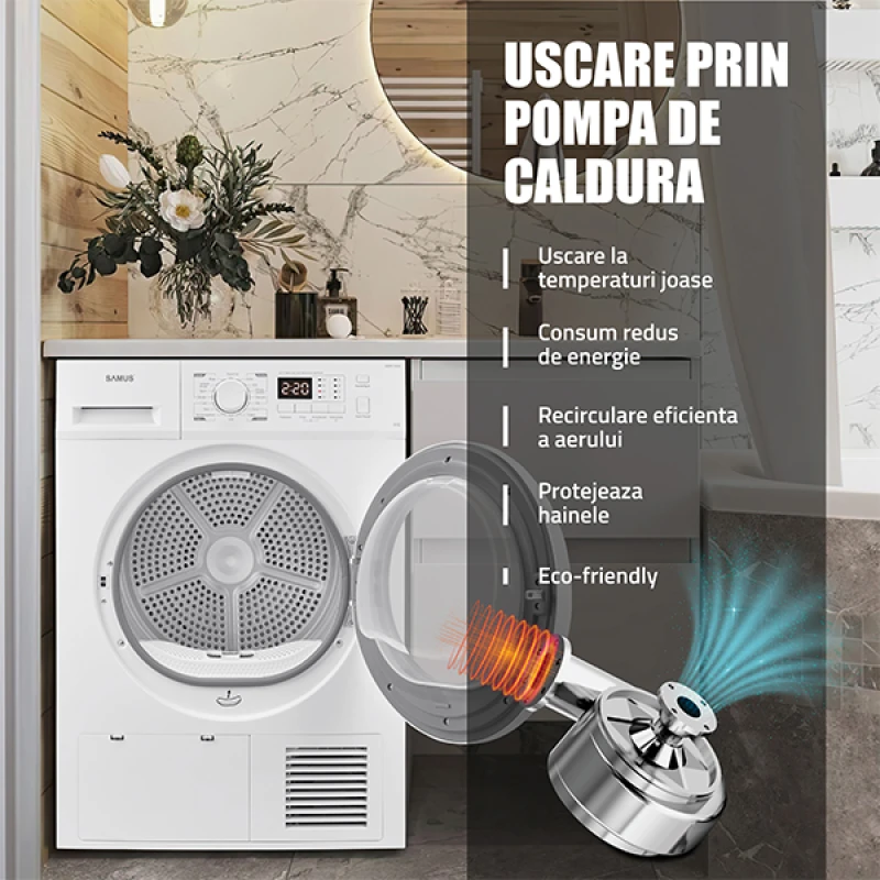 Uscator de rufe Samus SGDP-824, Pompa de caldura, 8 kg, 16 programe, Clasa E, Afisaj Electronic