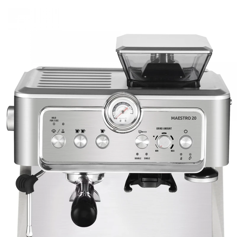Espressor Samus MAESTRO 20, 1350 W, 20 Bari, Rezervor de apa detasabil 2.3 L, Capacitate rasnita 200 g, Optiune 1 sau 2 cesti de cafea, Diuza spumare lapte, Filtru dublu inoxidabil, Argintiu