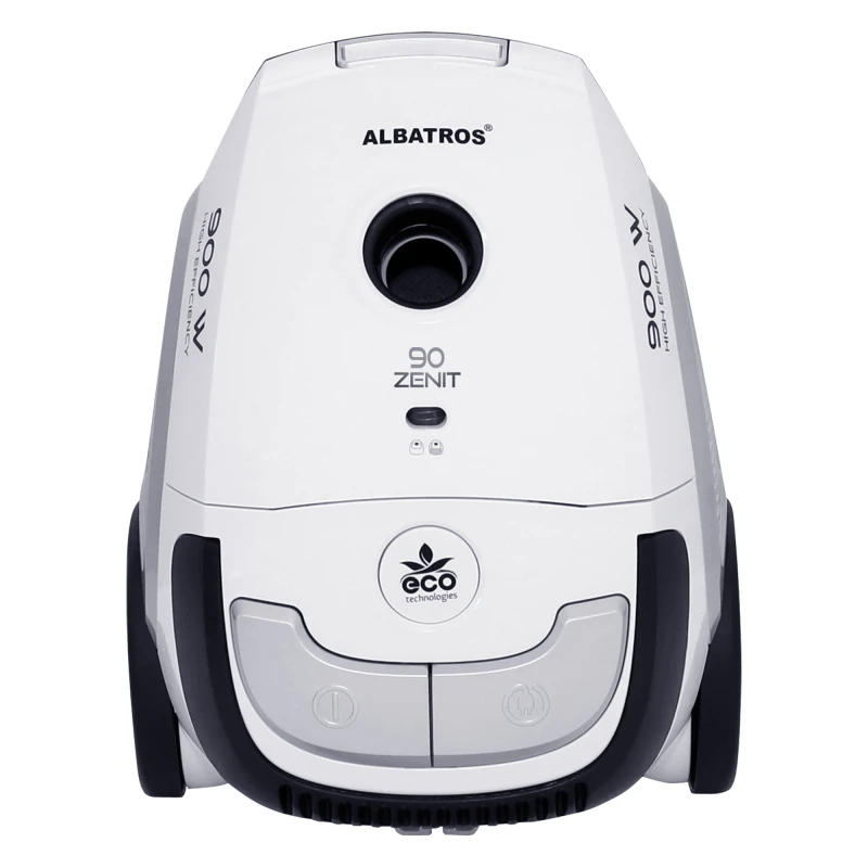 Aspirator cu sac Albatros Zenit 90 Eco, 900 W, Sac textil 2 L, 30.7kWh/an, Eco-type, Perie pentru covoare şi podele, Accesoriu locuri înguste (2 în 1), Alb/negru
