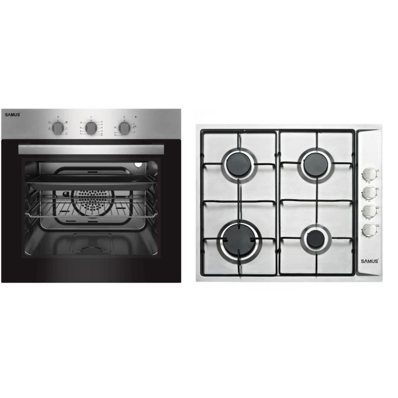 Pachet Samus V4 Cuptor incorporabil Samus SC616GTXV, Electric, 56 L, 5 functii + Plita incorporabila Samus PSG-64SX, 4 Arzatoare, Gaz, Sistem de siguranta (Negru/Inox)