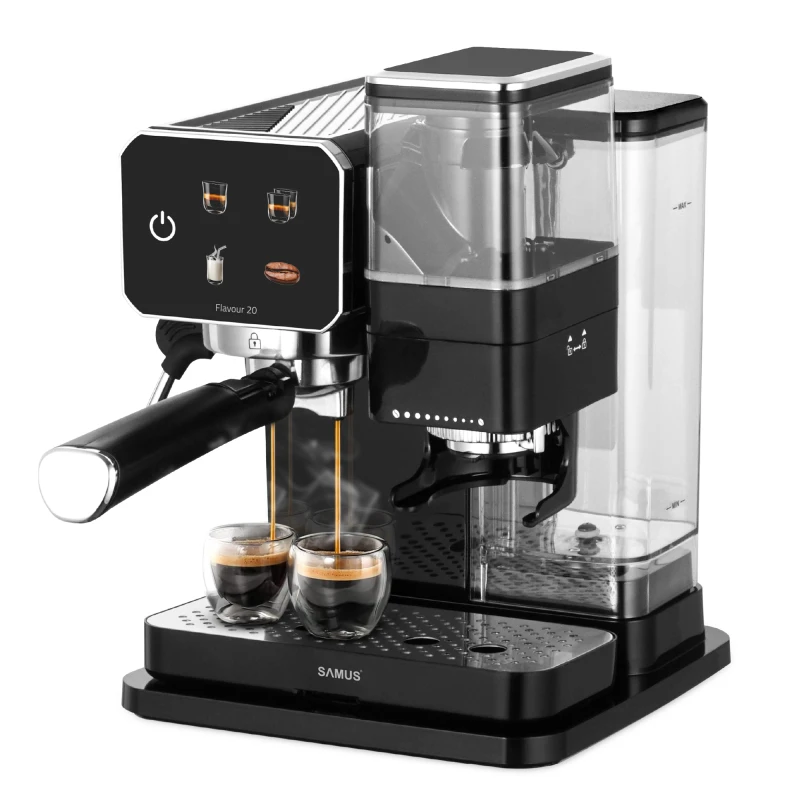 Espressor manual Samus Flavour 20, 1350 W, 20 bari, Rasnita integrata 115g, Rezervor 0.9 l, Spumare de inalta presiune (Negru/Inox)