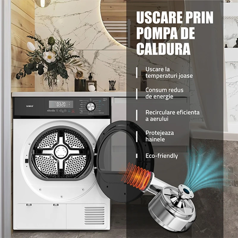 Uscator de rufe Samus SWDP-816, Pompa de caldura, 8 kg, 16 programe, Clasa E