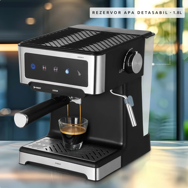 Espressor manual Samus Espressia 20, 1150 W, Ecran IMD integrat, 20 bari, 3 optiuni, Rezervor apa 1.8 l, Spumare cu abur (Negru/Inox)