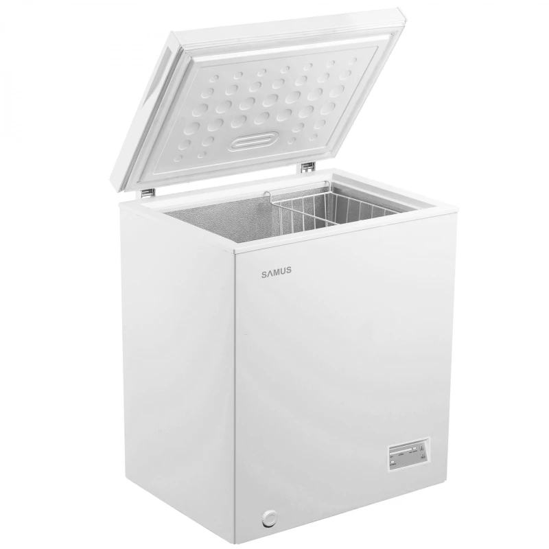Lada frigorifica Samus LS168E, 142 L, Clasa E, Fast Freeze, Panou electronic cu leduri, Dezghetare manuala, rotile pentru deplasare, H 84.5 cm (Alb)