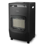 Soba Samus RS423, Trei trepte de putere: 1.5 / 2.8 / 4.2 kW, Butelie de pana la 15 kg, Aprindere piezoelectrica, Comutator anti-rasturnare, Se utilizeaza cu GPL / Butan / Propan, Negru