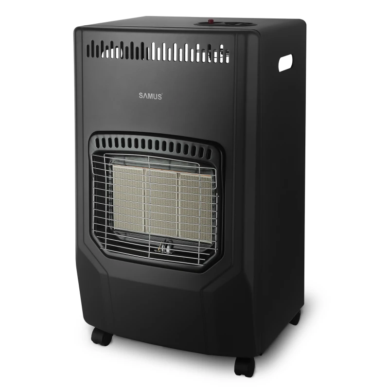 Soba Samus RS423, Trei trepte de putere: 1.5 / 2.8 / 4.2 kW, Butelie de pana la 15 kg, Aprindere piezoelectrica, Comutator anti-rasturnare, Se utilizeaza cu GPL / Butan / Propan, Negru