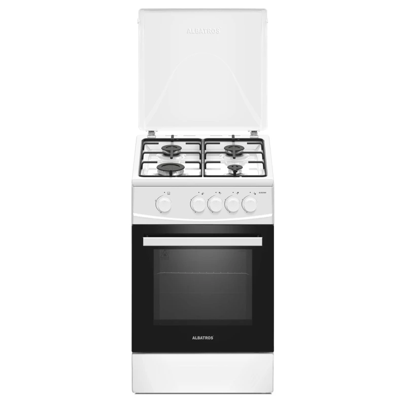 Aragaz Albatros AL452ABS, 4 Arzatoare gaz, 50cm, Cuptor gaz, Siguranta plita si cuptor, Geam dublu la cuptor, Alb