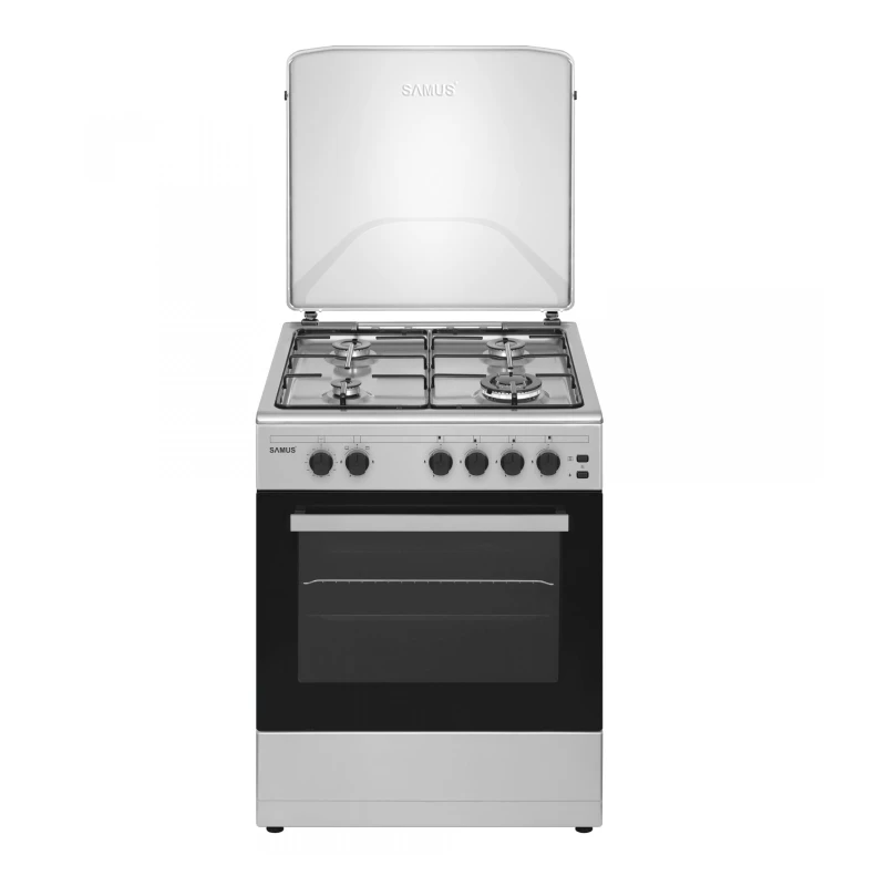 Aragaz Samus SM661XPGS1, Gaz, 4 arzatoare (1 WOK), Aprindere electrica plita, 55 l, Grill, Timer (Inox)
