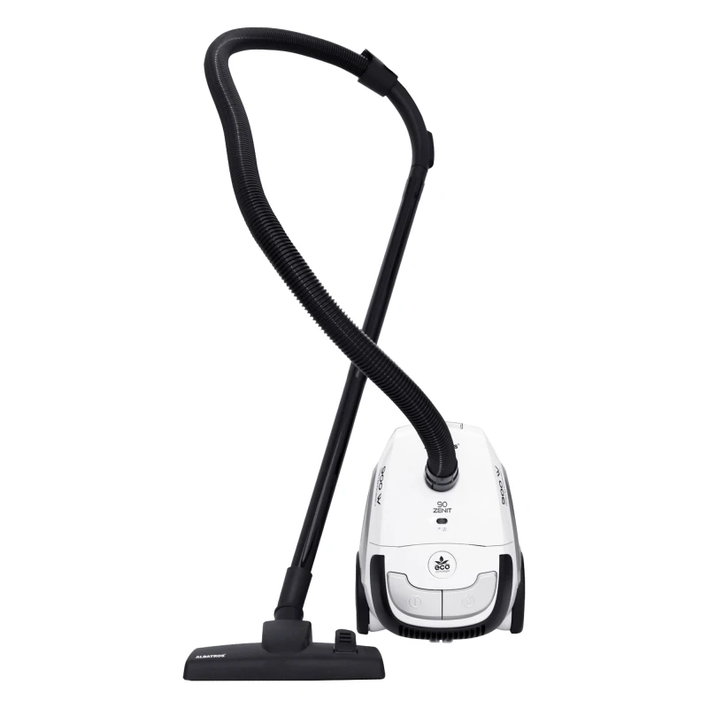 Aspirator cu sac Albatros Zenit 90 Eco, 900 W, Sac textil 2 L, 30.7kWh/an, Eco-type, Perie pentru covoare şi podele, Accesoriu locuri înguste (2 în 1), Alb/negru