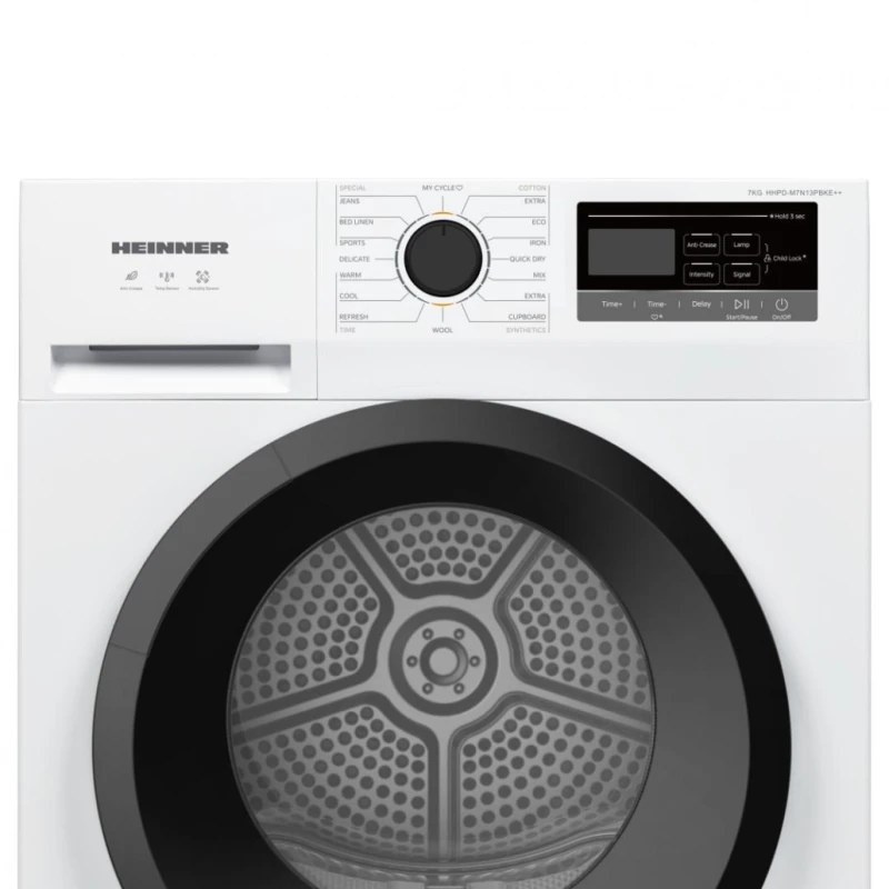 Uscator de rufe Heinner HHPD-M7N13PBKE++, Pompa de caldura, 7 kg, 16 programe, Clasa E, Display LED, Functie anti-sifonare, Iluminare cuva, Indicator curatare filtru scame, Blocare acces copii, Alb