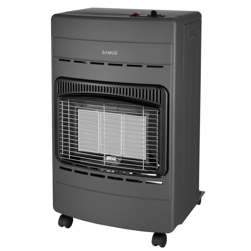 Soba Samus RS424P, Trei trepte de putere: 1.5 / 2.8 / 4.2 kW, Aprindere piezoelectrica, Pliabila, Se utilizeaza cu GPL / Butan / Propan, Butelie de pana la 15 kg, Include comutator anti-rasturnare, Negru