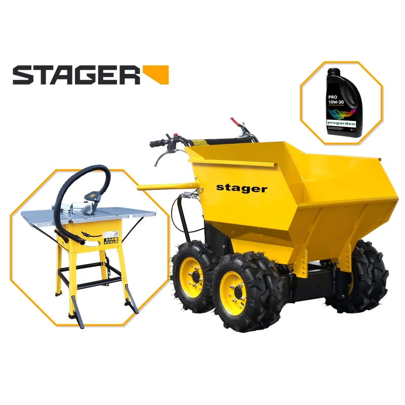 Pachet Stager RMT500 roaba cu motor termic 6.5CP, 500kg, 6 roti + FCM1600 Masa taiere cu ferastrau circular 1600W, 220V, 250mm + 1L ulei