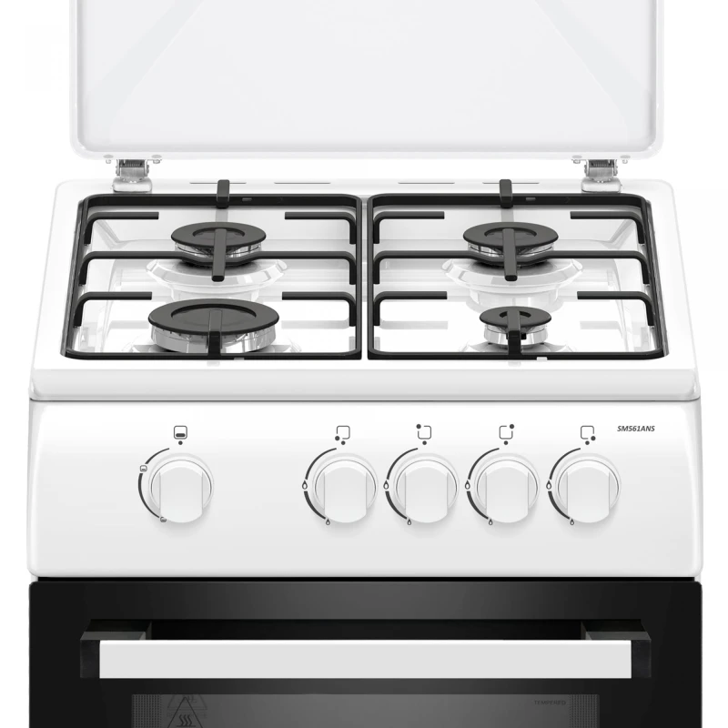 Aragaz Samus SM561ANS, 4 Arzatoare gaz, Cuptor pe gaz, Siguranta plita si cuptor, Geam dublu la cuptor, Alb