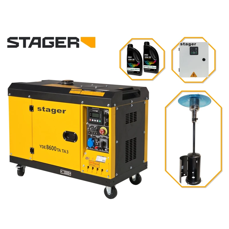 Pachet Stager YDE8600TA-TA3 V2 Generator insonorizat 7.5kVA, DualPower + Automatizare trifazata YA40063F12STA, 63A + Zobo H1207G Incalzitor terasa pe gaz 12.5kW + 2L ulei