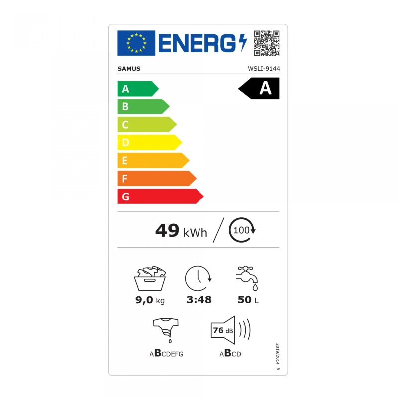 Masina de spalat rufe Samus WSLI-9144, 9 kg, Slim, Motor inverter, 1400 rotatii, 15 programe, Clasa energetica A, Termostat reglabil, Curatare tambur, Blocare acces copii (Alb)