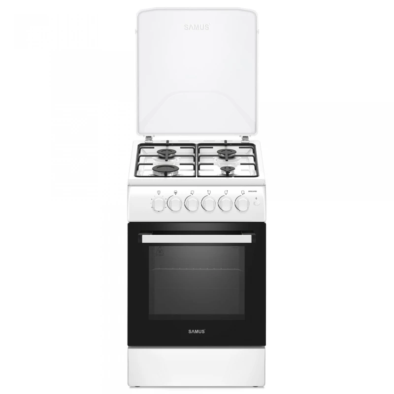 Aragaz Samus SM561APBS, Montat pentru utilizare cu GPL, Culoare alba 50 x 60 cm,4 arzatoare pe gaz, Cuptor pe gaz, Siguranta plita + cuptor, Aprindere electrica plita