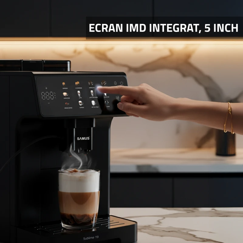 Espressor automat Samus Sublime 19, Rasnita profesionala- 300 g, 19 bari, Putere 1200-1400 W, Rezervor apa 2 L, Sistem extractie lapte cu furtun 25 cm, 10 tipuri de bauturi, Multiple tipuri de reglaje