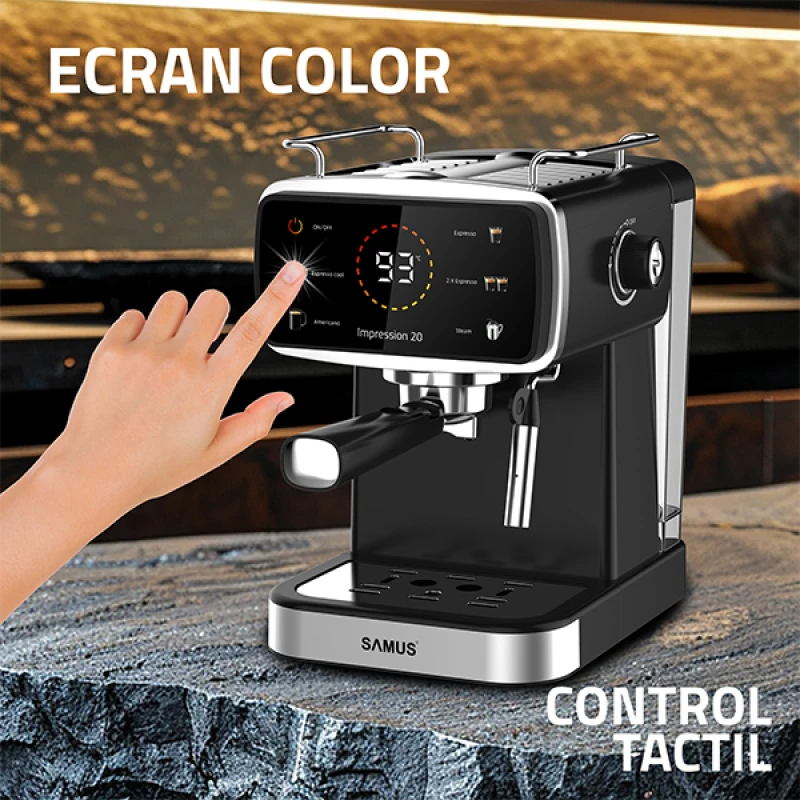 Espressor Samus Impression 20, 20 bari, 5 optiuni cafea, Touch Control, rezervor apa 1.5l, 1350W, Ecran afisare temperatura apa, Sistem electronic de incalzire, Negru