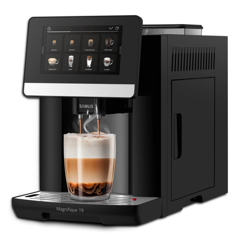 Espressor automat Samus Magnifique 19, Putere 1200-1450 W, 19 bari, Rezervor apa 1.7 L, Recipient cafea boabe 250 g, 20 tipuri bauturi, Sistem extractie lapte cu furtun 25 cm, Inaltime reglabila duze cafea