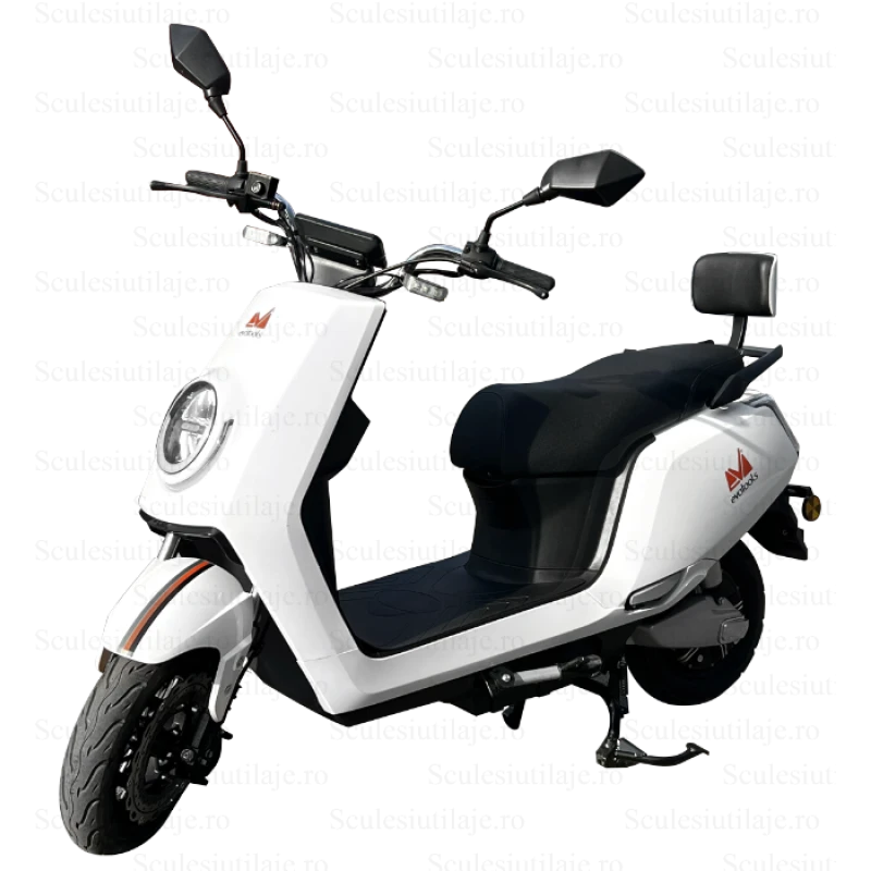 Scuter electric SC1200 EvoTools, acumulator 72 V, 20 Ah, motor 1200 W, viteza maxima de 25 km/h, autonomie 60 km, alb, fara permis, iluminare led