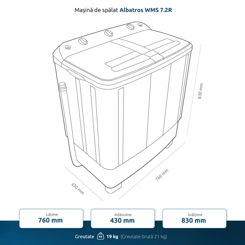Masina semiautomata Albatros WMS 7.2R, Capacitate 6.8/5.5 kg, 360 W