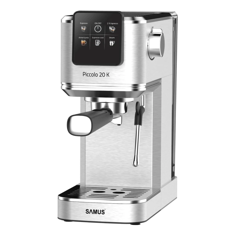 Espressor manual Samus PICCOLO 20 K, 1350 W, 20 bari, Rezervor 1.2 l, 5 bauturi, Utilizare cafea macinata sau capsule (Inox)