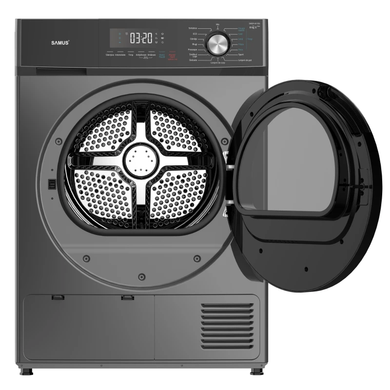 Uscator de rufe Samus SWDP-817DS, Pompa de caldura, 8 kg, 16 programe, Clasa E (Gri inchis)